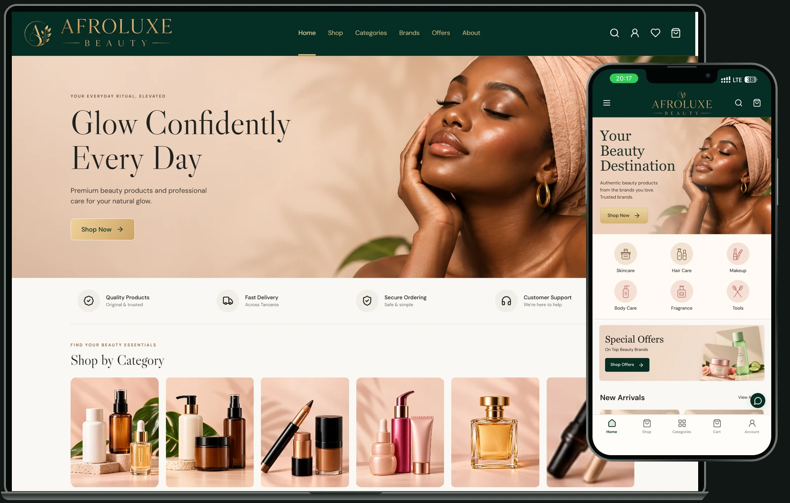 Afroluxe Beauty desktop homepage and hero with the mobile homepage in a thin smartphone frame on the right